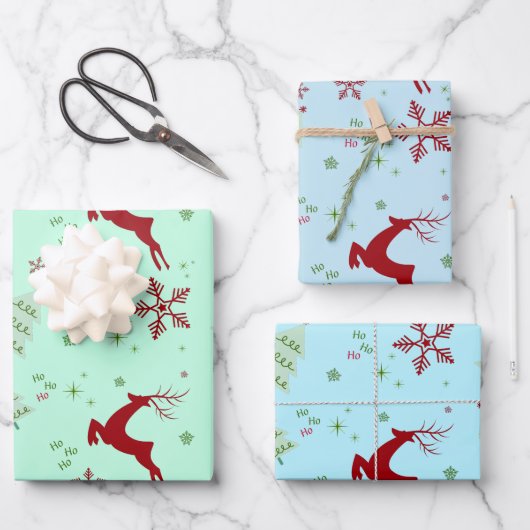 Modern Reindeer & Snowflake Gift Wrap Set ラッピングペーパーシート (正面)