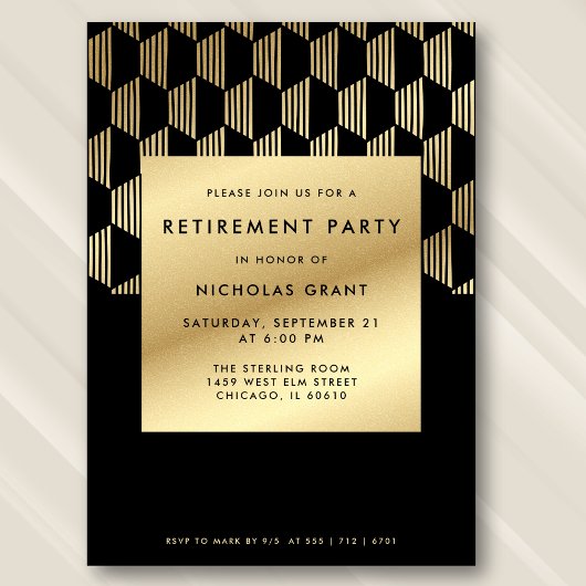 Modern Retirement Party Black and Gold Faux Foil 招待状