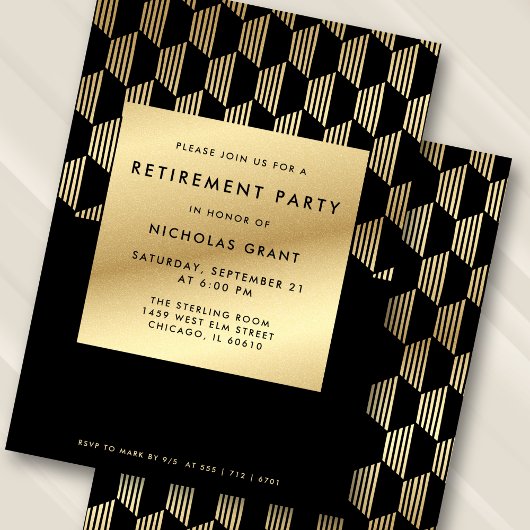 Modern Retirement Party Black and Gold Faux Foil 招待状