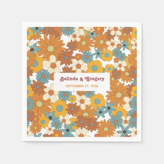 Modern Retro 70's Colorful Flowers Hippie Wedding  スタンダードカクテルナプキン (正面)