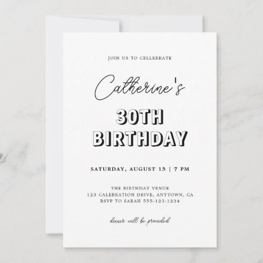 Modern Retro Black & White 30th Birthday Party 招待状 (正面)