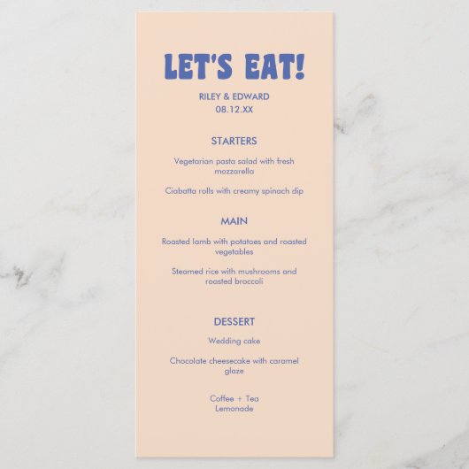 Modern Retro Blue & Beige 'Let's Eat!' Wedding メニュー (正面)