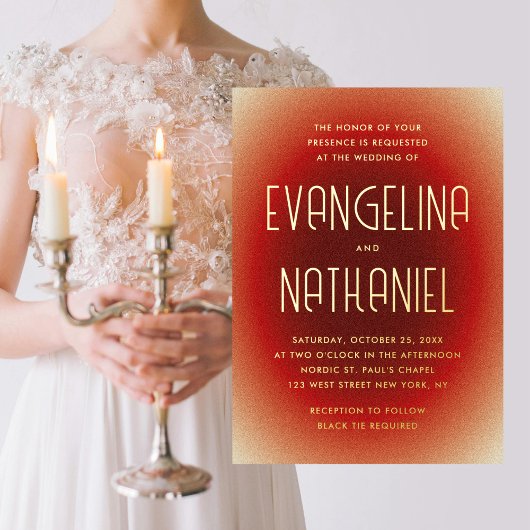 Modern Retro Bold Red Typography Wedding Gold 箔招待状