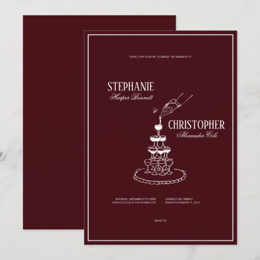 Modern Retro Burgundy Wedding Invitation 招待状 (正面/裏面)