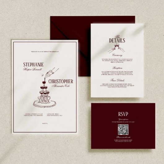 Modern Retro Burgundy Wedding QR Code RSVP エンクロージャーカード