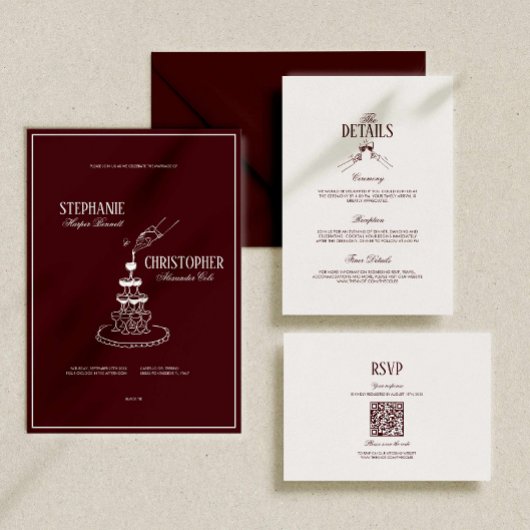 Modern Retro Burgundy Wedding QR Code RSVP エンクロージャーカード