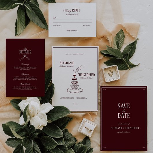 Modern Retro Burgundy Wedding Save the date 招待状