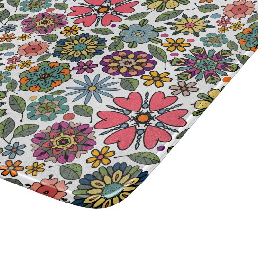 Modern Retro Floral Drawing Seamless Pattern Art カッティングボード (角)