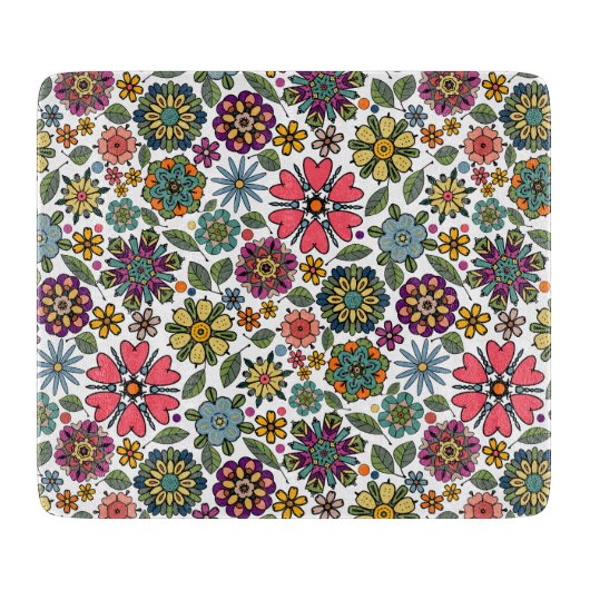 Modern Retro Floral Drawing Seamless Pattern Art カッティングボード (正面)