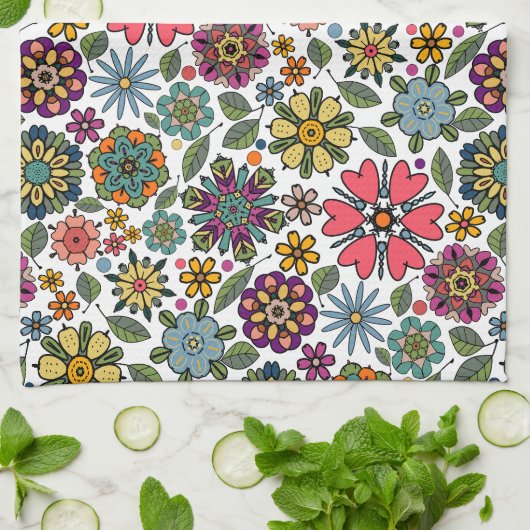 Modern Retro Floral Drawing Seamless Pattern Art キッチンタオル (折り畳み)