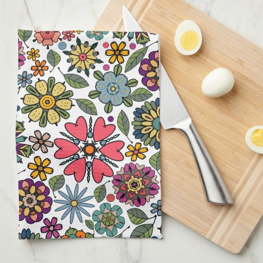 Modern Retro Floral Drawing Seamless Pattern Art キッチンタオル (四つ折り)