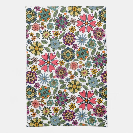 Modern Retro Floral Drawing Seamless Pattern Art キッチンタオル (縦)