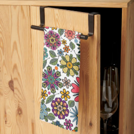 Modern Retro Floral Drawing Seamless Pattern Art キッチンタオル