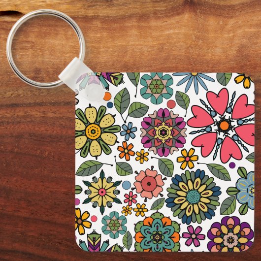 Modern Retro Floral Drawing Seamless Pattern Art キーホルダー (正面)