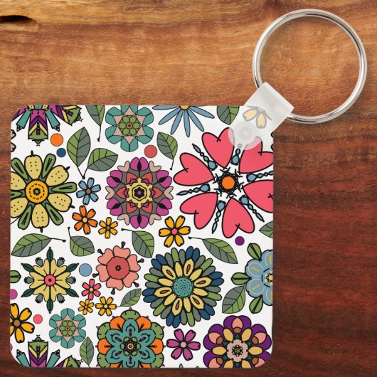 Modern Retro Floral Drawing Seamless Pattern Art キーホルダー (裏面)