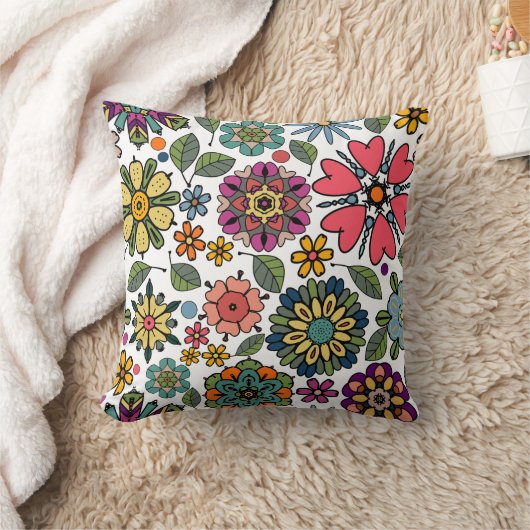 Modern Retro Floral Drawing Seamless Pattern Art クッション (ブランケット)