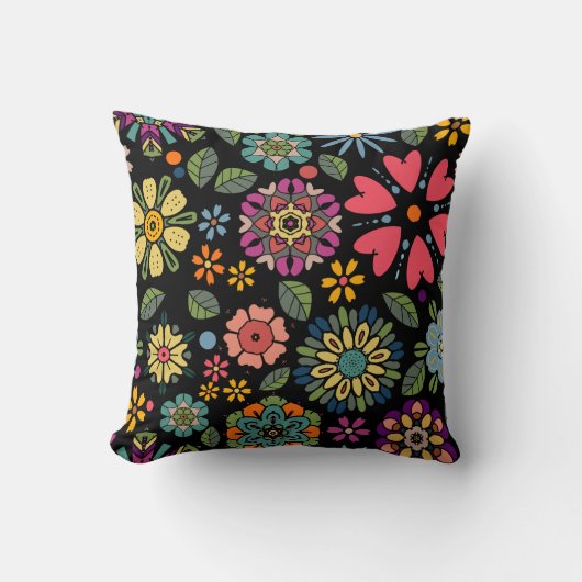 Modern Retro Floral Drawing Seamless Pattern Art クッション (正面)