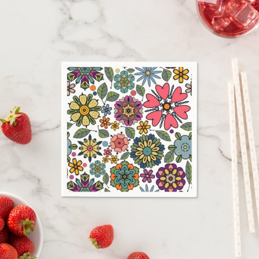 Modern Retro Floral Drawing Seamless Pattern Art スタンダードカクテルナプキン (インサイチュ)