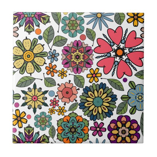 Modern Retro Floral Drawing Seamless Pattern Art タイル (正面)