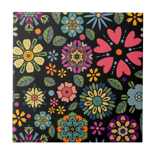 Modern Retro Floral Drawing Seamless Pattern Art タイル (正面)