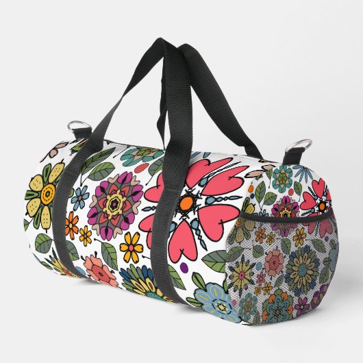 Modern Retro Floral Drawing Seamless Pattern Art  ダッフルバッグ (右コーナー)