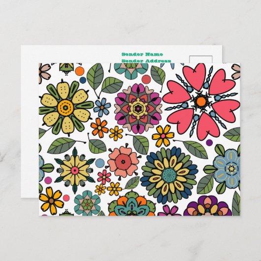 Modern Retro Floral Drawing Seamless Pattern Art ポストカード (正面/裏面)