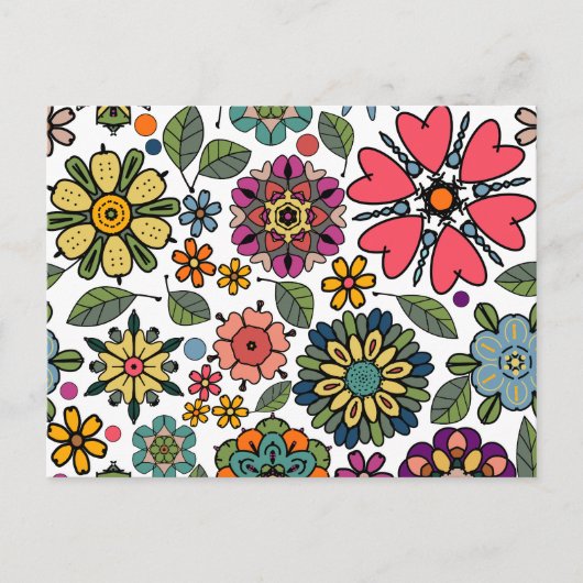 Modern Retro Floral Drawing Seamless Pattern Art ポストカード (正面)