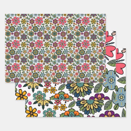Modern Retro Floral Drawing Seamless Pattern Art ラッピングペーパーシート (セット)