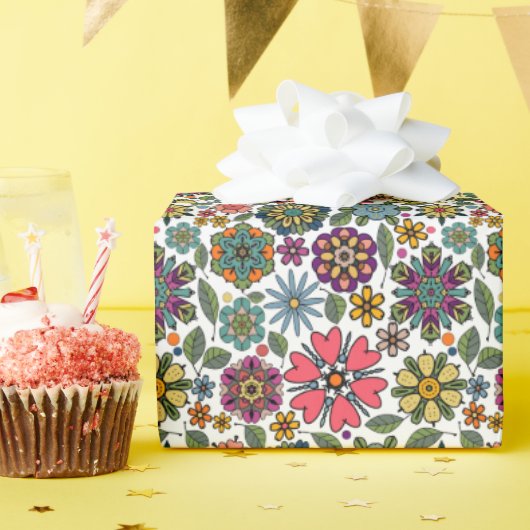 Modern Retro Floral Drawing Seamless Pattern Art ラッピングペーパー (誕生日パーティー)