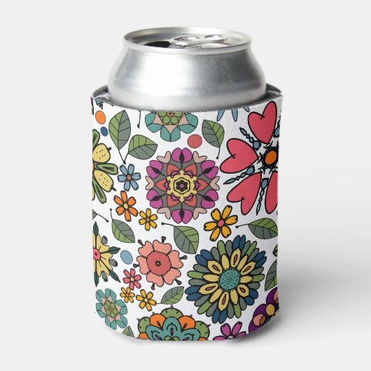 Modern Retro Floral Drawing Seamless Pattern Art 缶クーラー (缶正面)