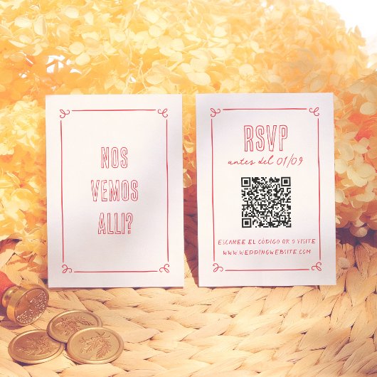 Modern Retro Hand Drawn QR Spanish Wedding RSVP エンクロージャーカード
