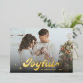 Modern Retro Joyful Snowflakes Photo Christmas 箔シーズンカード (立ち正面)