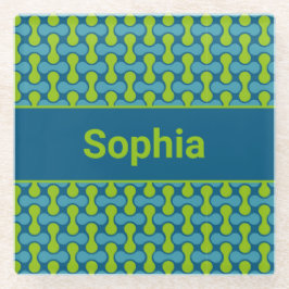 Modern Retro Link Pattern in Blue and Green ガラスコースター