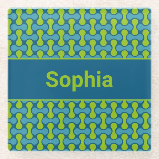 Modern Retro Link Pattern in Blue and Green ガラスコースター (正面)