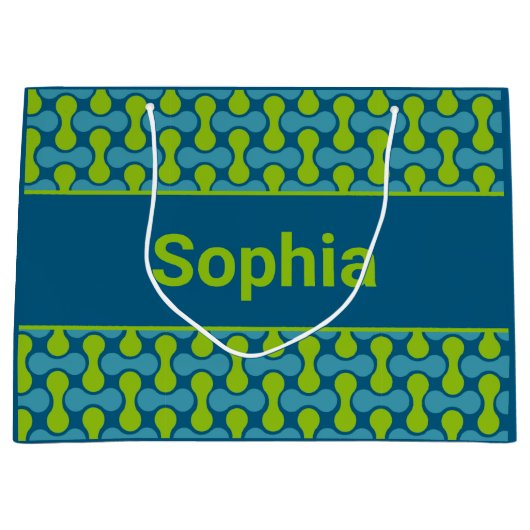 Modern Retro Link Pattern in Blue and Green ラージペーパーバッグ (正面)