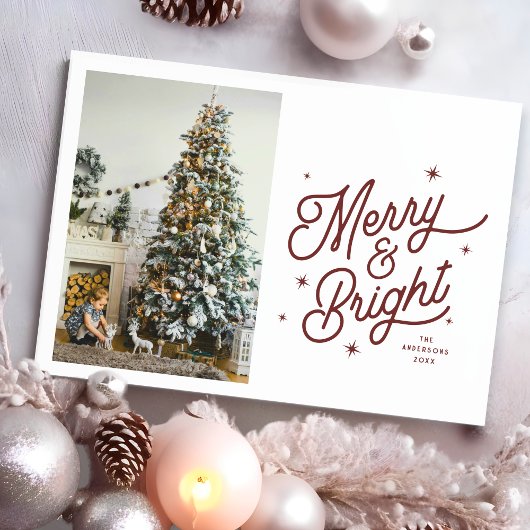 Modern Retro Merry and Bright Family Photo Script シーズンカード