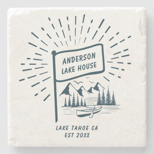 Modern Retro Nautical Family Lake House Navy Blue ストーンコースター (正面)