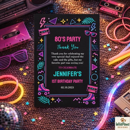 Modern Retro Neon 80’s 1st Birthday Party サンキューカード