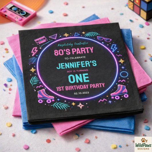Modern Retro Neon 80’s 1st Birthday Party スタンダードカクテルナプキン