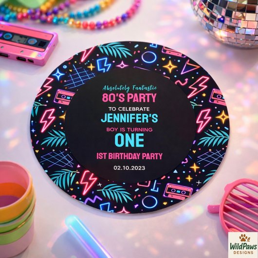 Modern Retro Neon 80’s 1st Birthday Party ラウンドシール
