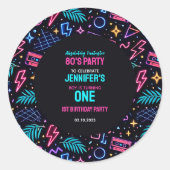 Modern Retro Neon 80’s 1st Birthday Party ラウンドシール (正面)