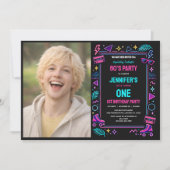Modern Retro Neon 80’s 1st Birthday Party 招待状 (正面)
