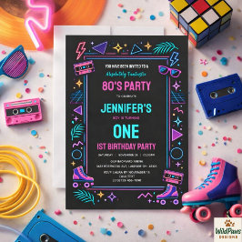 Modern Retro Neon 80’s 1st Birthday Party 招待状