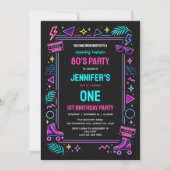 Modern Retro Neon 80’s 1st Birthday Party 招待状 (正面)