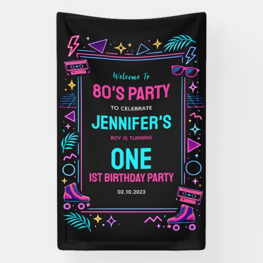 Modern Retro Neon 80’s 1st Birthday Party 横断幕 (縦)