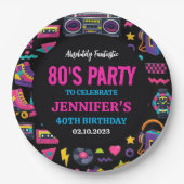 Modern Retro Neon 80’s Birthday Party for Adults ペーパープレート (正面)