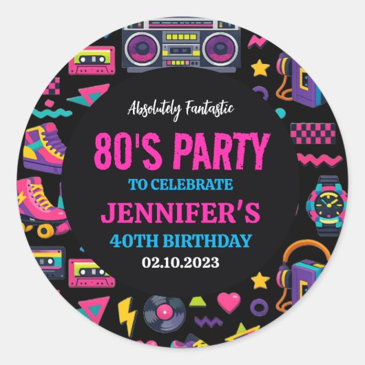 Modern Retro Neon 80’s Birthday Party for Adults ラウンドシール (正面)
