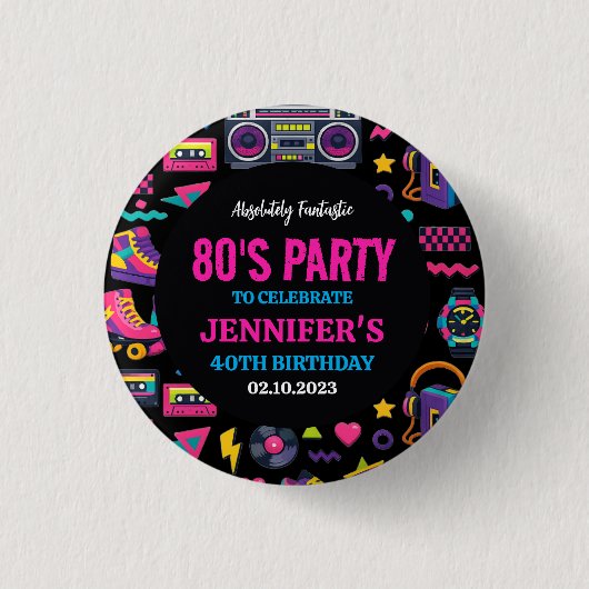 Modern Retro Neon 80’s Birthday Party for Adults 缶バッジ (正面)