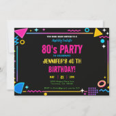 Modern Retro Neon 80's Birthday Party 招待状 (正面)