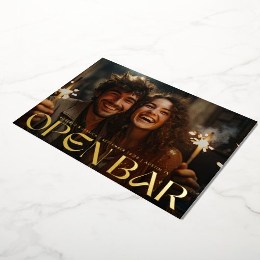Modern Retro Open Bar Photo Save The Date Gold 箔招待状 (回転した状態)